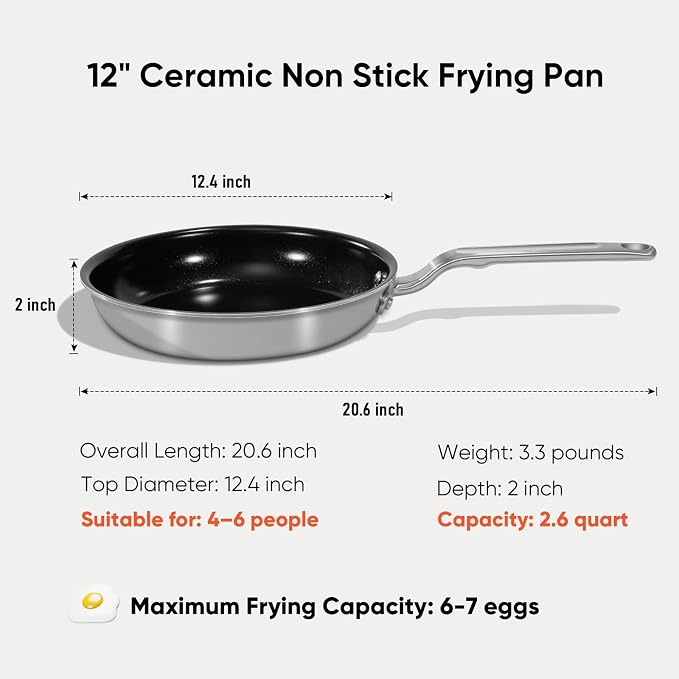 12 Inch 5-Ply Ceramic Nonstick Frying Pan | PTFE/PFOA/PFAS-Free, Oven Safe up to 650°F, Induction Ready, Easy to Clean, Even Heat, For Large Families