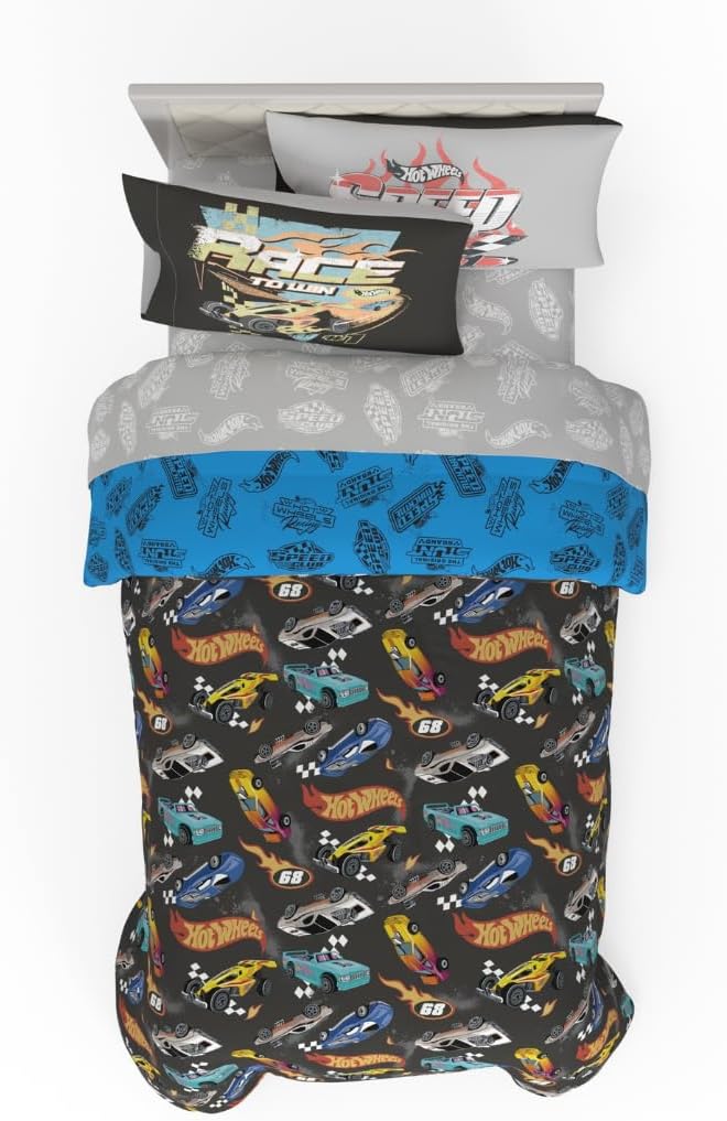 Hot Wheels Kids Bedding Super Soft Comforter and Sheet Set with Sham, 5 Piece Twin Size, (Officially Licensed Product) By Franco