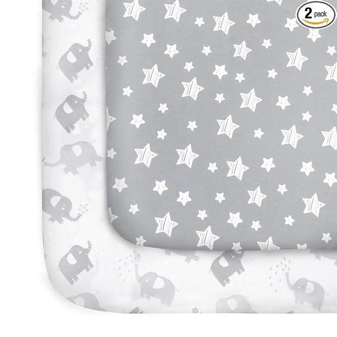 Pack and Play Sheets, 2 Pack Mini Crib Sheets, Stretchy Playard Fitted Sheet, Compatible with Graco Pack n Play, Soft and Breathable Material, Stars & Elephant