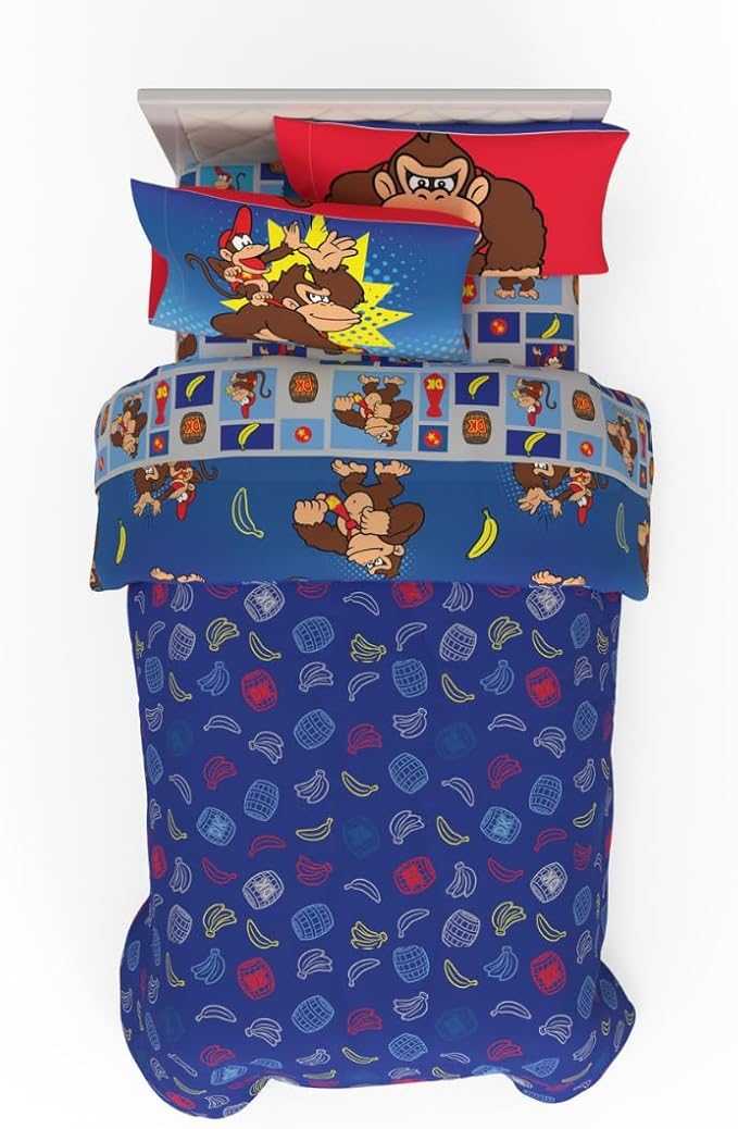 Collectibles Nintendo Donkey Kong Gaming Bedding 5 Piece Super Soft Reversible Comforter and Sheet Set with Sham, Twin, (Officially Licensed Product) By Franco