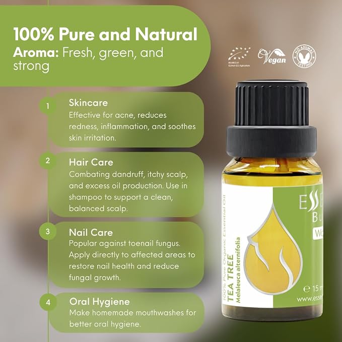 Essences Bulgaria Organic Tea Tree Essential Oil 0.51Fl Oz 15ml Melaleuca Alternifolia - 100% Pure and Natural Undiluted for Toenail Fungus, Dandruff Itchy Scalp Acne Skincare Aromatherapy Diffuser