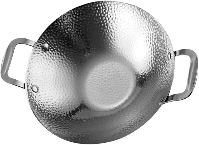 PRETYZOOM Double Handle Hammered Wok Pot Stainless Steel Cooking Pan for Korean BBQ and Home Use Small Metal Kitchen Pot with Sturdy Construction
