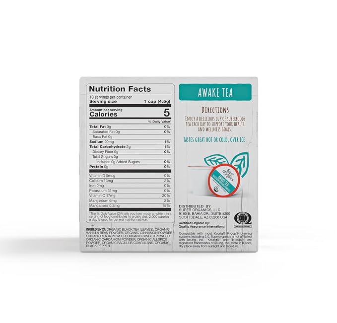 Super Organics Awake Black Tea Pods With Superfoods & Probiotics Keurig K-Cup Compatible Energy, Revitalizing, Refreshing Tea USDA Certified Organic, Vegan, Non-GMO, Natural & Delicious, 60ct