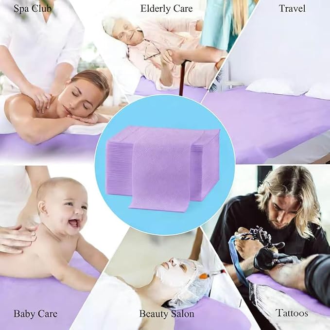 100Pcs Disposable Bed Sheets 31.5"x71"Massage Table Sheets Non-Woven Fabric Bed Covers for Ultimate Hygiene and Comfort in Massage,Tattoo, Beauty and Spa Treatments, Breathable & Durable Sheets(Purple