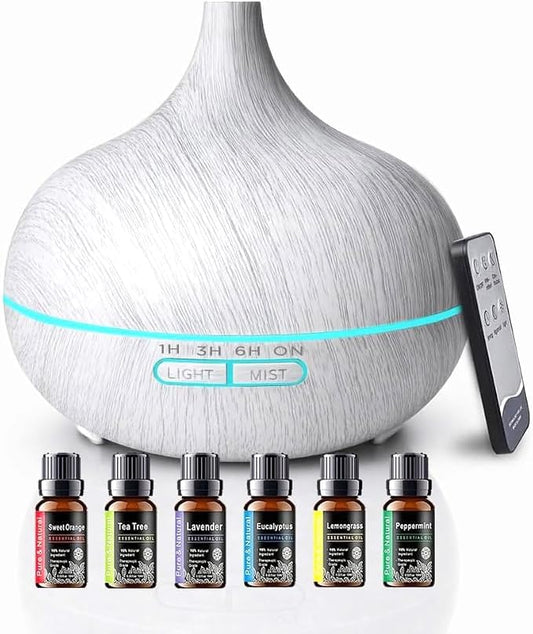 550ml Essential Oil Diffusers with Remote Control, Ultrasonic Oil Diffuser with Timer，7 Color LED Night Light and Waterless Auto-Off Functions for Home, Spa White Wood Grain