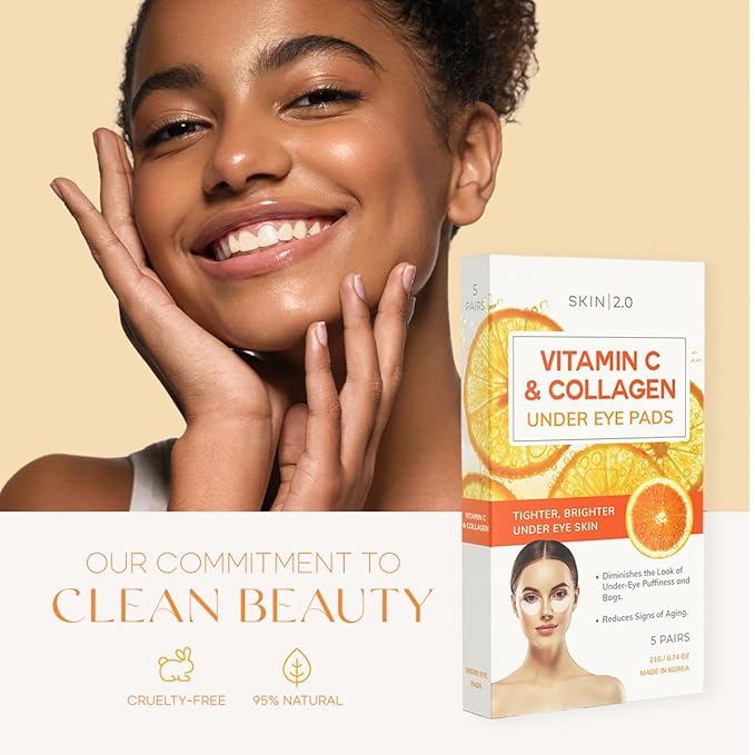 Vitamin C & Collagen Under Eye Patches - Dermatologist Tested - Brightens Dark Circles, Tightens Under Eye Area, Anti-Aging - Natural Ingredients Korean Skin Care - All Skin Types - 5 Pairs