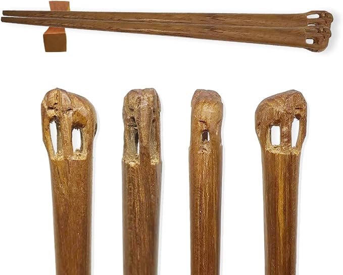 Wooden Chopsticks 9¼" Long Teak Wood Chopstick With Handcarved Elephant Top Eating Utensils Oriental Cutlery Asian Tableware Decorative Dinnerware to Serve Chinese Japanese Korean Food