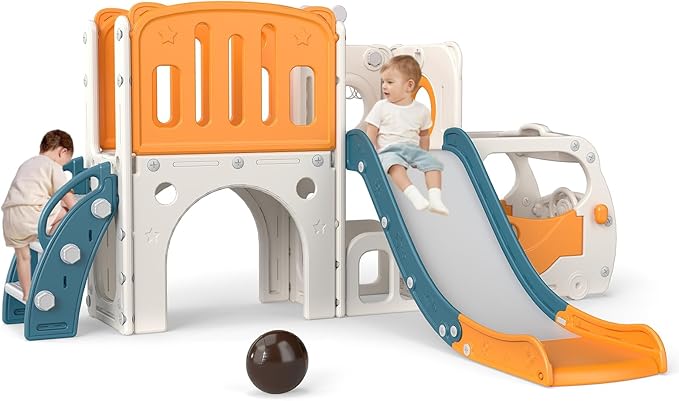 kinbor 9 in 1 Toddler Slide Set - Kids Slide with Basketball Hoop, Bus-Themed PlaySet with Easy Climb Stairs & Storage, Toddler Indoor Outdoor Playground