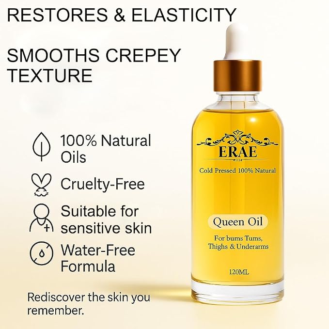Erae Queen Oil – Cold-Pressed Natural Botanical Firming Oil for Face & Body – Hydrates Tightens & Restores Elasticity for Crepey, Aging & Menopausal Skin on Arms, Tummy & Thighs, 4 fl oz (1PCS)
