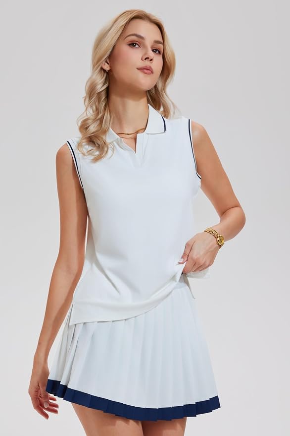 AFZ Tennis Outfits Polo Top and Color Blocked Pleated Tennis Dress Golf Outfits for Women Athletic Dress with Shorts