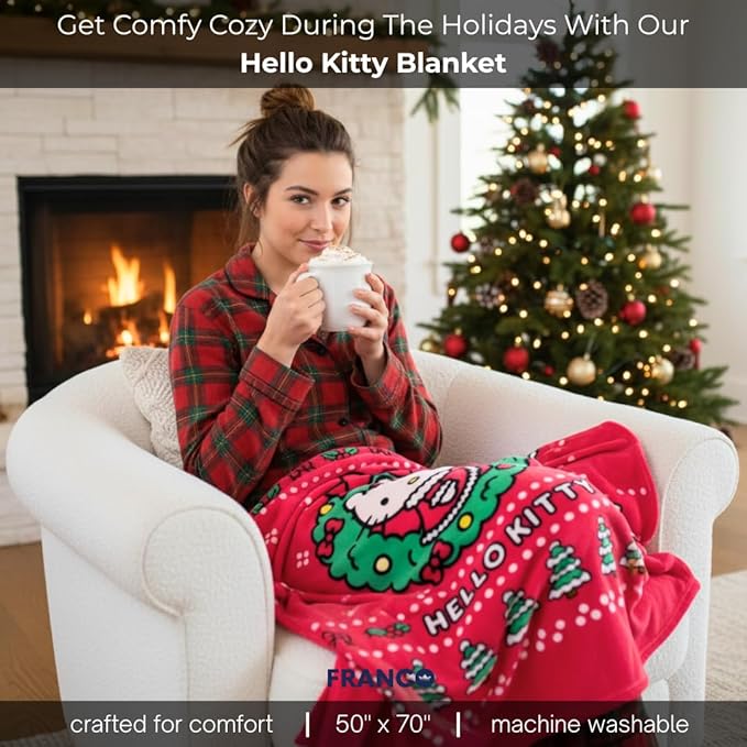 Franco Collectibles Sanrio Hello Kitty Ugly Sweater Christmas Blanket, Super Soft Holiday Cozy Plush, 70 in x 50 in, (Officially Licensed Product)