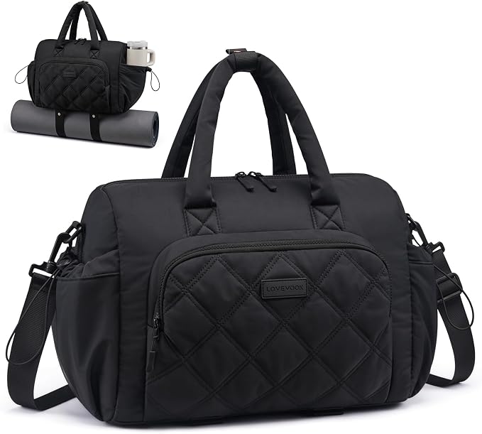 LOVEVOOK Small Gym Bag for Women with Yoga Mat Holder, Workout Bag with Large Tumbler Holder Pocket,Carry on Bag for Workout Dance Pilates Ballet Swimming Travel，Black