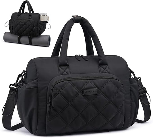 LOVEVOOK Small Gym Bag for Women with Yoga Mat Holder, Workout Bag with Large Tumbler Holder Pocket,Carry on Bag for Workout Dance Pilates Ballet Swimming Travel，Black