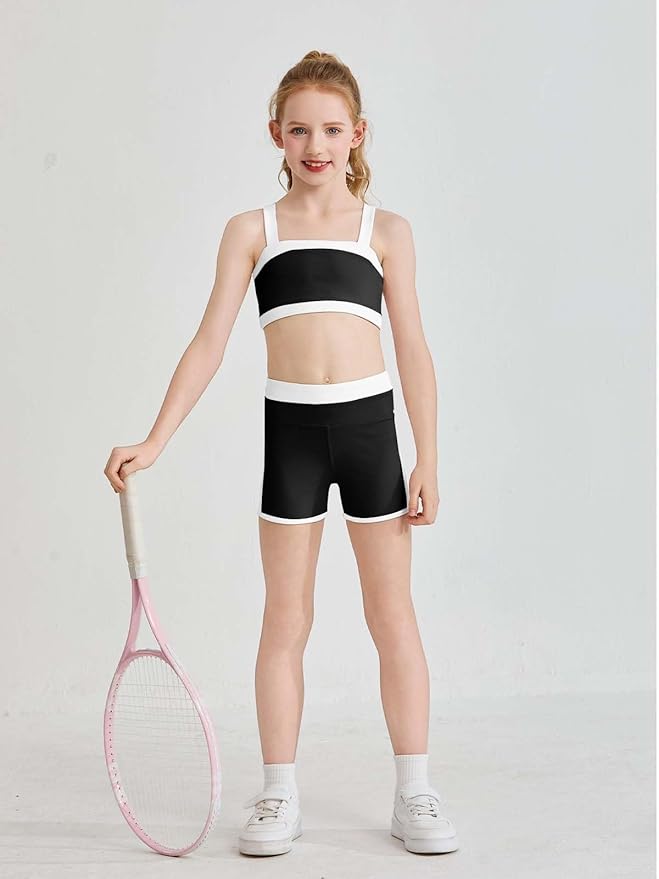 Haloumoning Girls 2 Piece Outfits Athletic Color Block Training Bra and High Waisted Shorts Clothing Sets 5-14Y