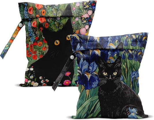 2Pcs Cat Wet Bag 12x10 Inch, Colorful Floral Waterproof Travel Laundry Bags, Washable Reusable Wet Dry Bag for Swimsuit Beach Diapers Dirty Yoga Gym Clothes, Flowers Gifts for Women Friend Travelers