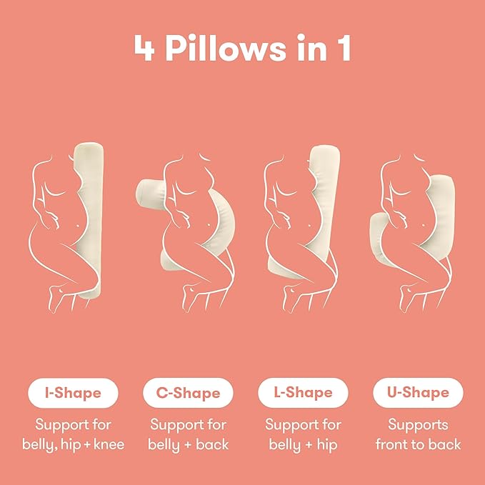 Frida Mom Compact Support 4-in-1 Pregnancy Pillow, Cooling Pregnancy Pillow, Twist & Bends into 4 Shapes for Comfort & Full Body Support, Compact Storage, Easy to Clean, Breathable, Storage Bag, Ivory