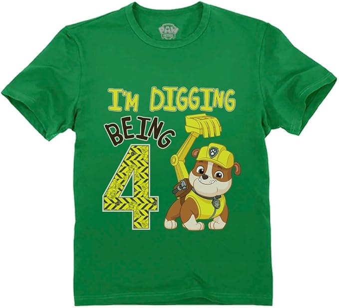 Paw Patrol Rubble Digging Being 4 T-Shirt for Toddler Boys - 4th Birthday Outfit with Construction Bulldozer Theme