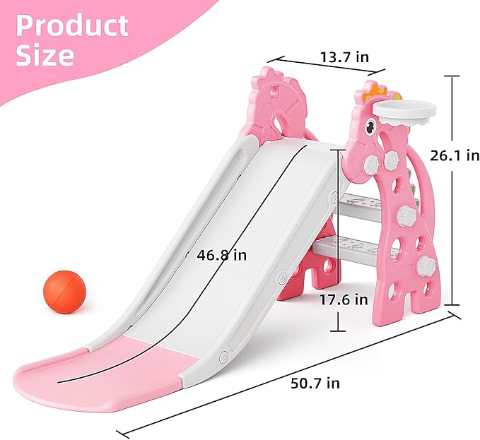 GLAF Toddler Slide Indoor for Toddlers 1-3 Baby Slide Outdoor Playset with Basketball Hoop and Ball Plastic Foldable Slides for Kids Backyard Climber Set (Pink)