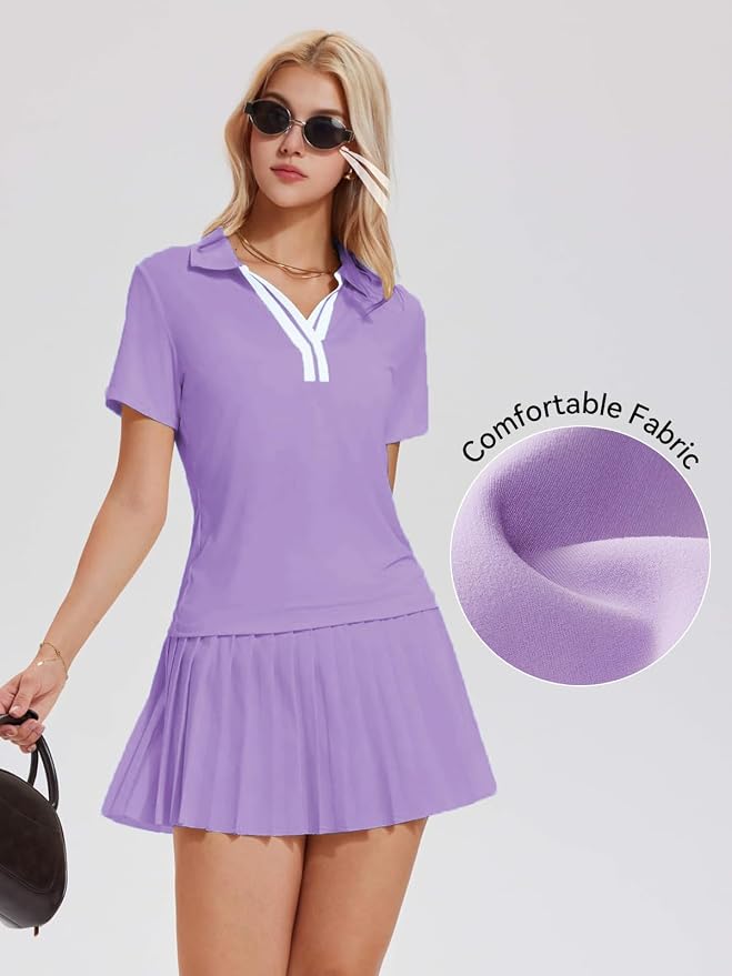Tennis Skirt Set for Women Color Block V Neck Golf Pickleball Outfits Pleated Athletic Two Piece Skirts Sets