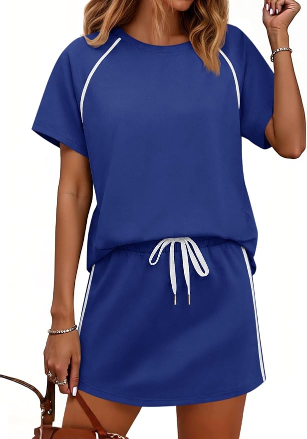 Womens 2 Piece Skirt Sets Summer Tennis Outfits Vacation Skort Set | Two Piece Sets, Short Set, Athletic Workout Golf Outfits, Crew Neck, Color Block, Drawstring, Workout Mathcing Lounge Sets