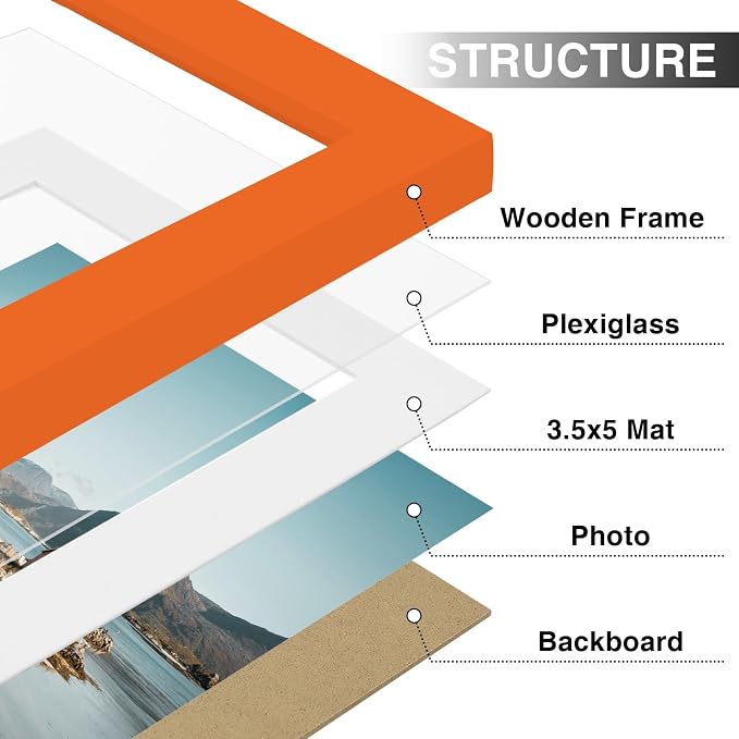 Vittanly 4x6 Picture Frames Set of 9 for Wall or Tabletop Display, Orange | Display Pictures 3.5x5 with Mat or 4x6 without Mat, Small Photo Frames, Engineered Wood with Shatter Resistant Plexiglass