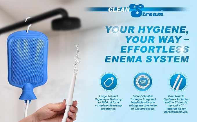 CleanStream Water Bottle Enema Cleaning Kit for Men and Women, 2 Quart Durable Rubber Bag with 5-Foot Flexible Tube, Tapered and Nozzle Tips Included, Flow Control Clamp, Hygienic Design