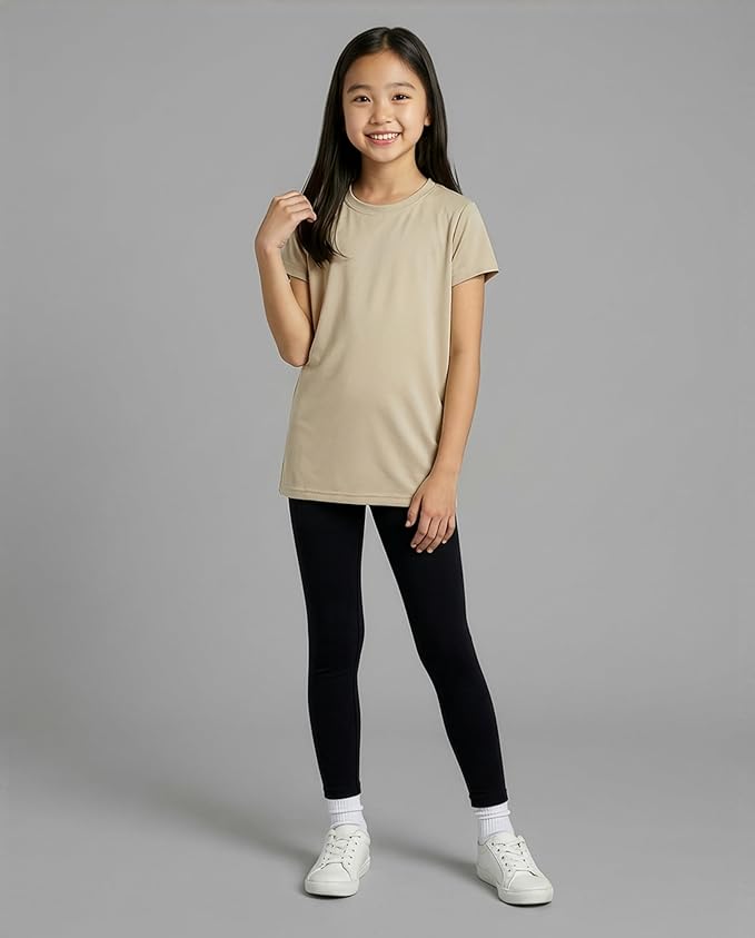 Real Essentials 5 Pack: Girls' Short Sleeve Dry-Fit Athletic T-Shirt - Active Gym Crew Neck Tops for Teens Kids (Ages 4-16)
