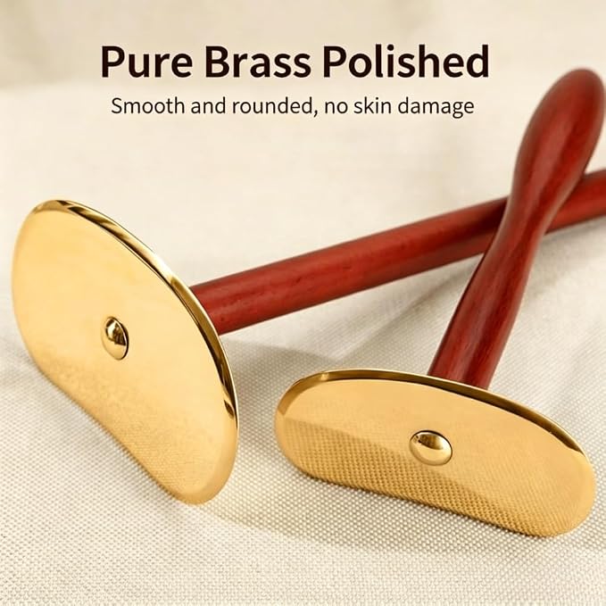 Brass Gua Sha Board with Long Handle, Self-Scraping Massage Tool for Home Use, Full Body Back Gua Sha Scraper with Rosewood Handle (Short Handle)