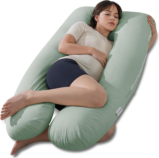 QUEEN ROSE Pregnancy Pillows, Soft Cotton U Shaped Body Pillow for Sleeping, Maternity Pillow for Pregnant Women, Green