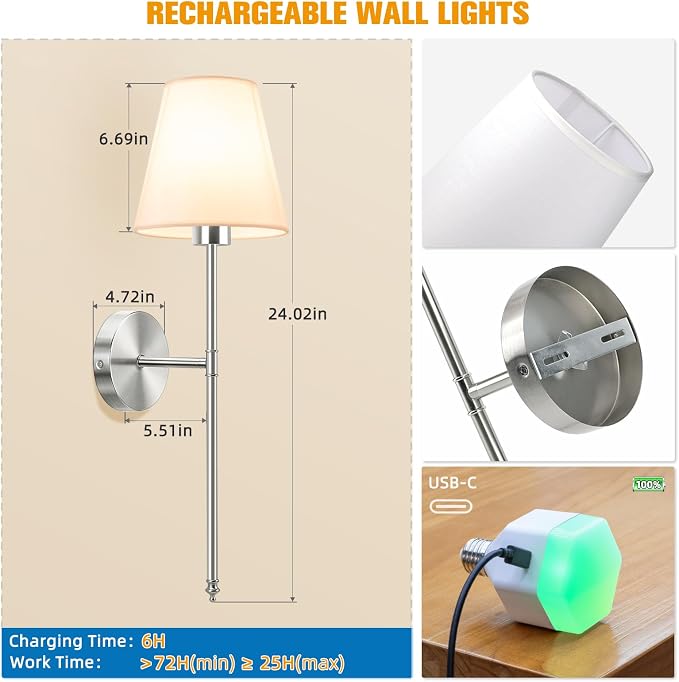 Battery Operated Wall Sconce Set of 2,Brushed Nickel Rechargeable Wall Lights with 10400mAh Dimmable Detachable Bulbs and Remote, 10 Colors Wireless Sconces for Bedroom Living Room Hallway