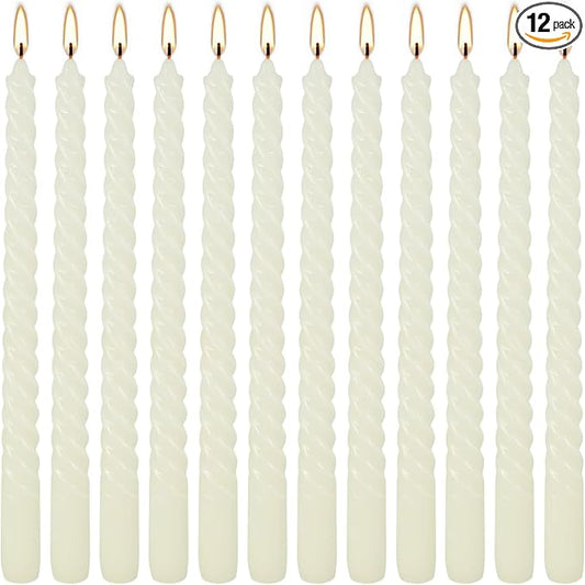 WPONSZU 10 Inch Ivory Spiral Taper Candle Set of 12 Pack Unscented Dripless Candlesticks for Valentine's Day,Dinner,Party,Brithday,Wedding,Christmas,and Home Decoration