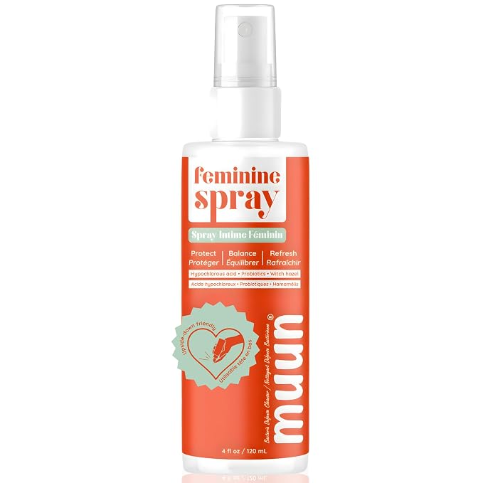 Muun Feminine pH Intimate Spray – Women Body Deodorant with Hypochlorous Acid, Witch Hazel & Probiotics – No-Rinse Wash, Gentle Odor Neutralizer, Soft Peach Scent