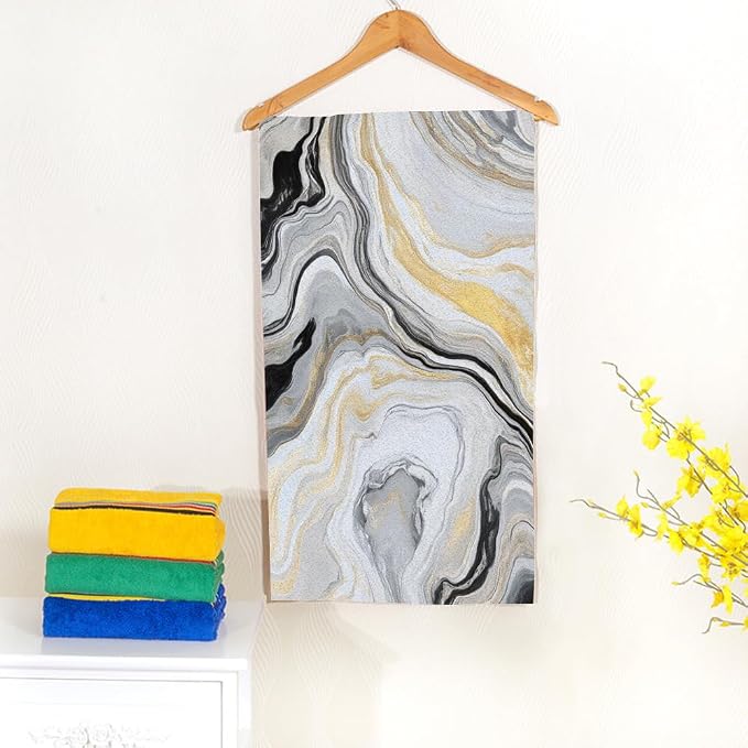 Abstract Marbling Water Hand Towel Grey Gold Face Towels Suit Travel Sports Pool Swimming Bath Camping Spa Gym Yoga,15x30 Inch