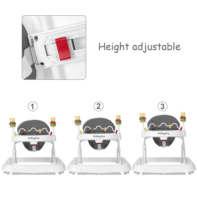 BABY JOY Baby Walker, Foldable Activity Walker with Adjustable Height, Large Tray & Removable Toys, Baby Walker with Wheels for Boys Girls 6-18 Months (Gray)