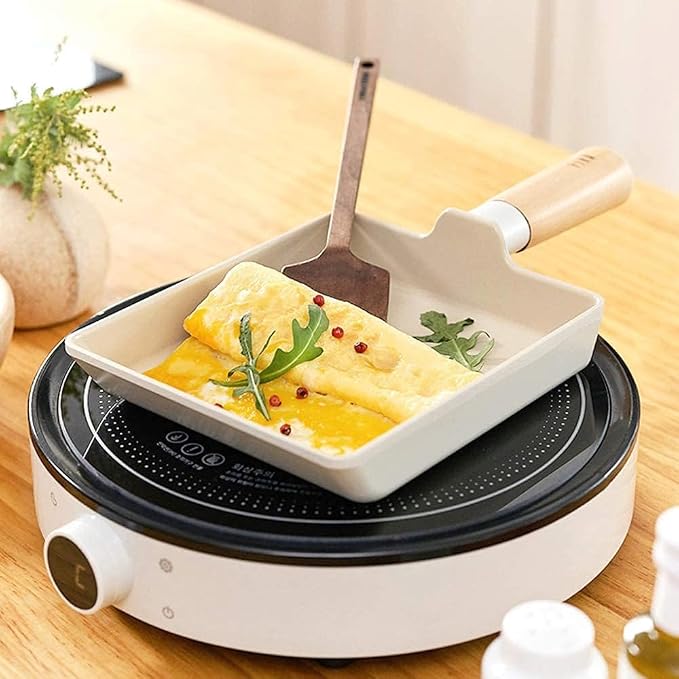 FIKA 6-Inch Nonstick Tamagoyaki Egg Pan, Japanese Omelette Pan for Rolled Eggs, Rectangular Frying Pan with Wooden Handle, Induction Compatible, Made in Korea (15cm)