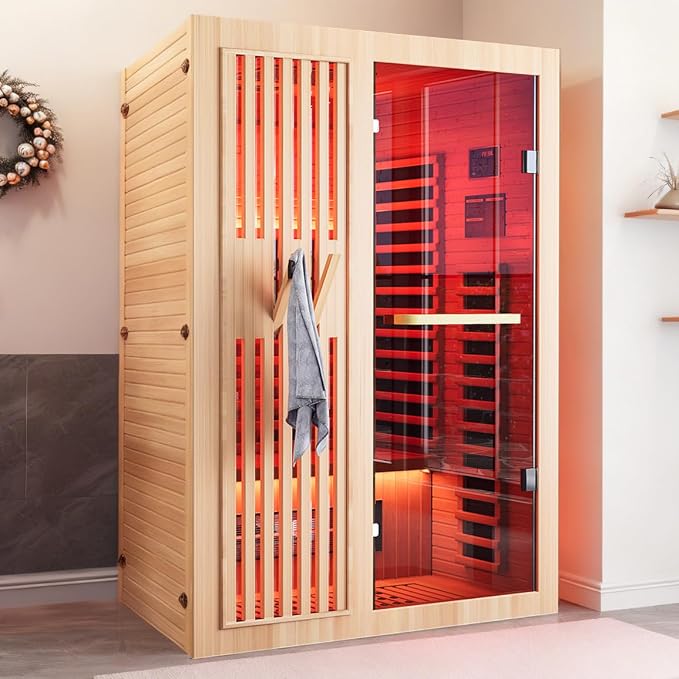 MEISSALIVVE Full Spectrum Sauna for Home, 1-2 Person Indoor Infrared Sauna Room with 10 Minutes Warm-up Heate, Canadian Hemlock Wood Indoor Dry Heat Sauna with Bluetooth and Tempered Glass