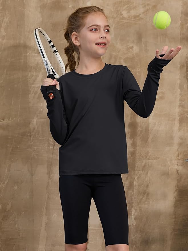 ZDC Girls Long Sleeve Athletic Shirts Kids Crewneck Quick Dry Workout Yoga Tops Basic Tees Activewear