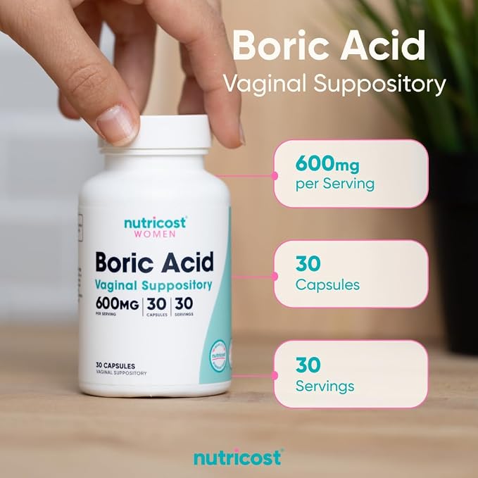 Nutricost Boric Acid 600mg, 30 Capsules, GMO-Free | Vaginal Suppository For Women