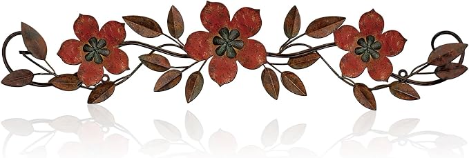 Wesiti Metal Flower Wall Decor Vintage Metal Flower Wrought Iron Scroll Sculpture 15.7''x3.7'' Not 3D, Flat Farmhouse Leaf Wall Decor with Nails for Summer Bedroom Kitchen Indoor Outdoor(Red)