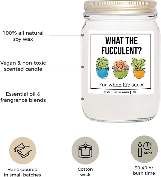 You Nique Designs What The Fucculent, 7 Ounces, Succulent Gifts, Plant Candle, Pick Me Up Gifts for Women, Stress Relief Candles, Relaxing, Soy Aromatherapy Candle (Lavender & Vanilla)