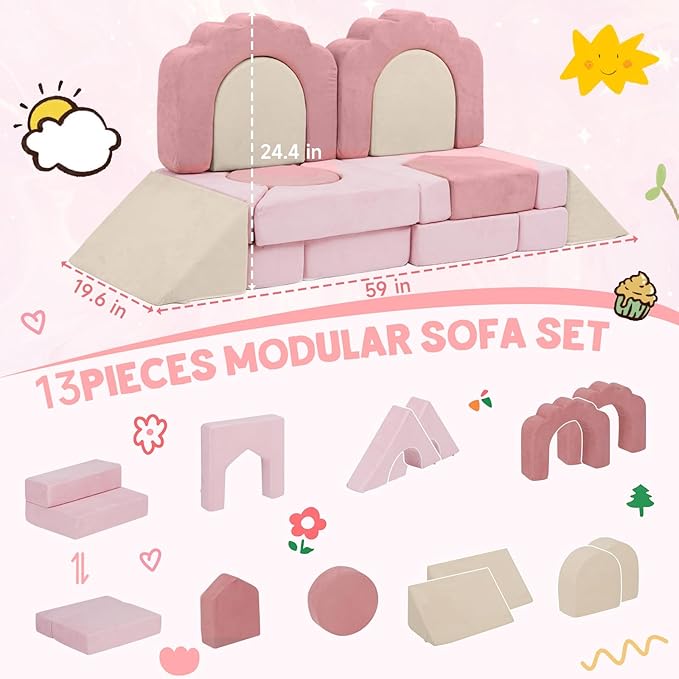 13 Pieces Foam Climbing Blocks for Toddlers|Floral Soft Play Gym,Kids Indoor Crawing Climbers & Play Structures for Bedroom,Livingroom & Playroom,Pink & Beige