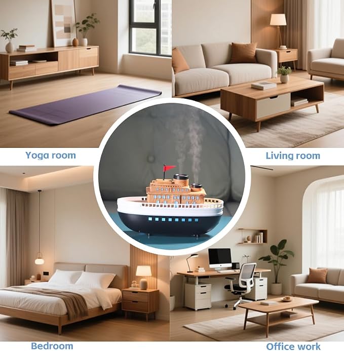 Wood-Look Cartoon Boat Ornament Oil Diffusers with 300ml Capacity for Large Rooms, Auto Shut-Off Dual-Hole Spraying Mist & 8-Hour Aromatherapy Humidifier, Type-C Port Connection for Bedroom Office