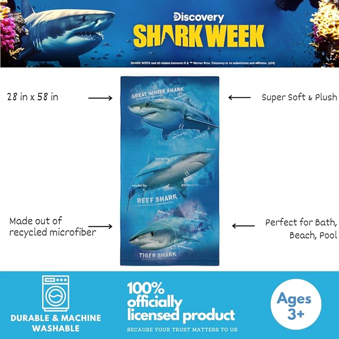 Collectibles Discovery Shark Week Super Soft Lightweight 100% Recycled Bath/Pool/Beach Towel Made from Recycled Plastic Bottles, 58 in x 28 in, (Officially Licensed Product) by Franco