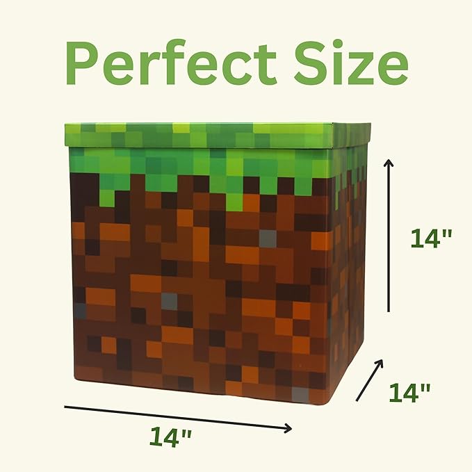 Large 14 x 14 Pixelated Box - Grass| Birthday Party Supplies | Storage Decoration and Prop, Big Birthday Box | Storage Bin Chest With Lid Gift Accessory (Grass Block)