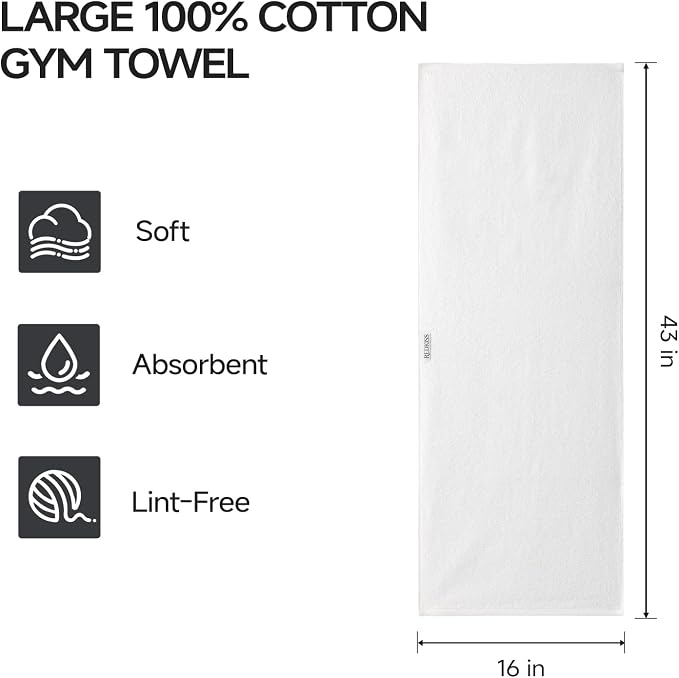 REDKISS 2 Pack Cotton Workout Towels, 43" x 16" Super Absorbent Soft Gym Towels for Men & Women, Large Sweat Sports Towel for Yoga Running Swimming Travel Camping - White
