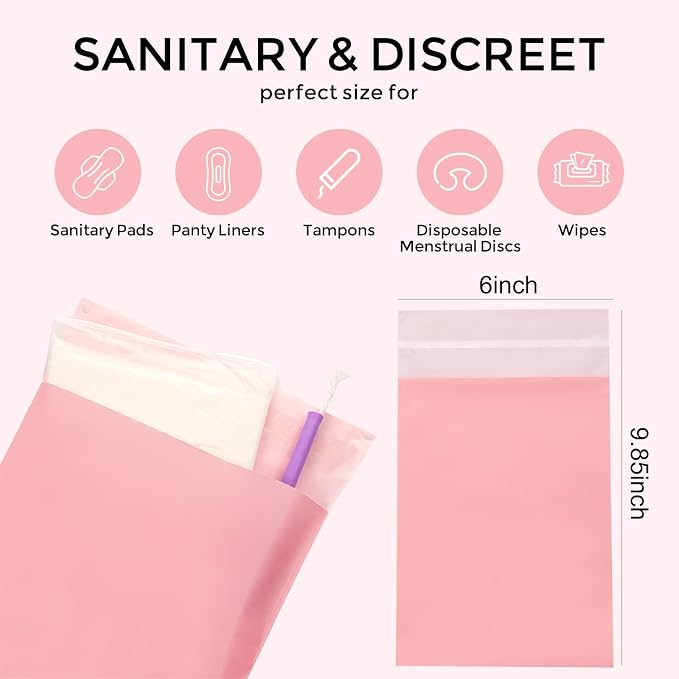 Sanitary Napkin Disposal Bags, Sanitary Bags for Feminine Hygiene Products Tampon Disposable Bags for Sanitary Pads - 100 Ct, 10"x6" Pink Self-Adhesive