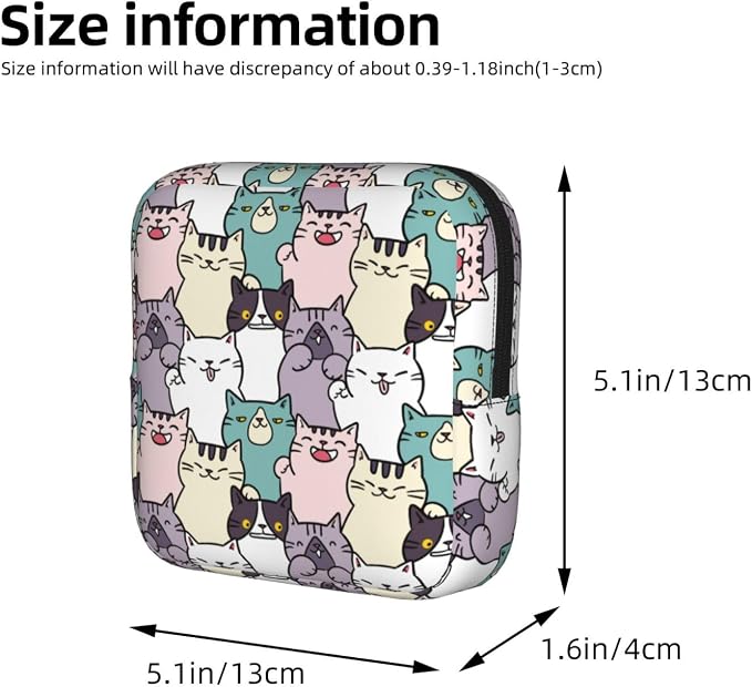 Cute Cartoon Cat Cats Kitty Kitten Kitties Period Bag For Women,Portable Sanitary Napkin Period Pad Pouch For Purse, Small Make Up Bags