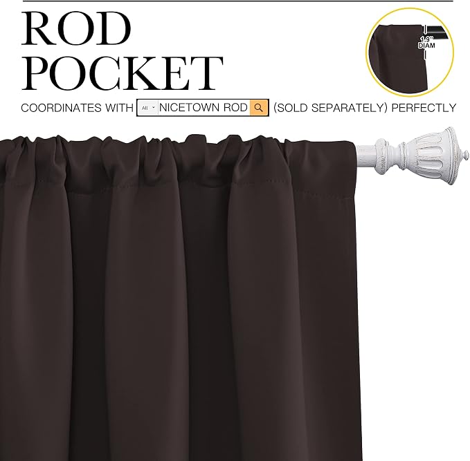 NICETOWN Blackout Curtain Panels 72 inches - Energy Saving Thermal Insulated Solid Rod Pocket Blackout Curtains for Bedroom (1 Pair, 52 inches by 72 Inch, Toffee Brown)