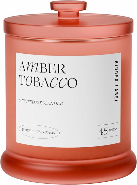 Hidden Label Amber Tobacco Scented Candle, 2 Wick Large Candles for Home Scented, 13oz Natural Soy Wax, 75Hours Long Lasting Slow Burning, Aromatherapy Candle with Reusable Glass Jar