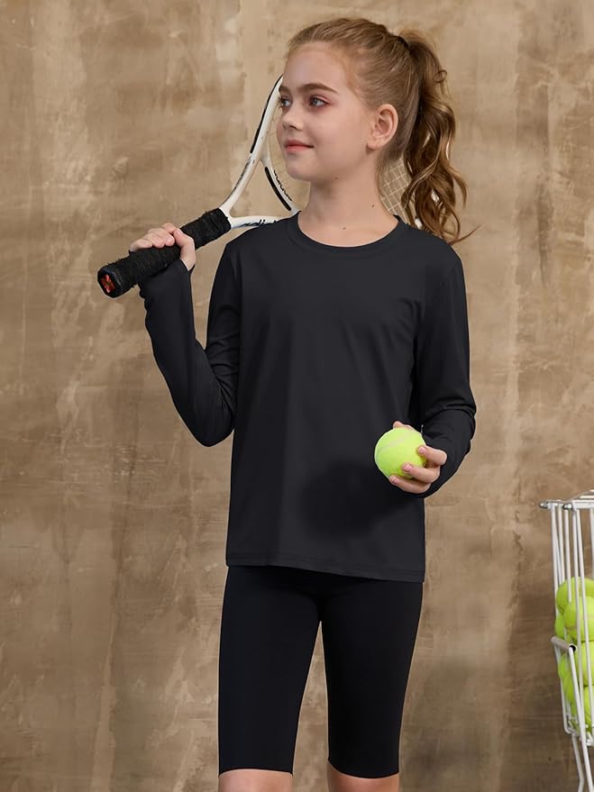 ZDC Girls Long Sleeve Athletic Shirts Kids Crewneck Quick Dry Workout Yoga Tops Basic Tees Activewear